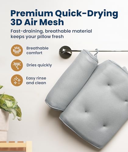 Everlasting Comfort Luxury Bath Pillow for Tub – Quick-Dry 4D Mesh – Gray | Head/Neck/Back Support, Non-Slip Suction Cups, Machine Washable, Drying Hook, Bath/Spa/Jacuzzi Essentials - color: Gray, size: Large