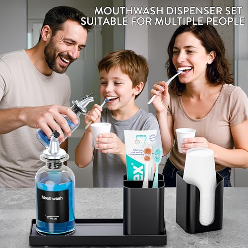 Moforoco Glass Mouthwash Dispenser with Toothbrush Holders, 11.8Oz Mouth Wash Bottle Container with Cup Holder, Funnel, Labels, and Drying Stone Tray, Bathroom Decor Accessories Set, Black