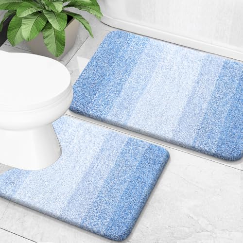 OLANLY Bathroom Rug Set 2 Piece, Soft Absorbent Microfiber Bath Mats and U-Shaped Contour Toilet Rug, Non-Slip, Machine Wash Dry, Plush Shaggy Bath Mats for Bathroom (24"x16"+24"x20", Light Blue) - color: Light Blue, size: 24" X 16" + U24" X 20"