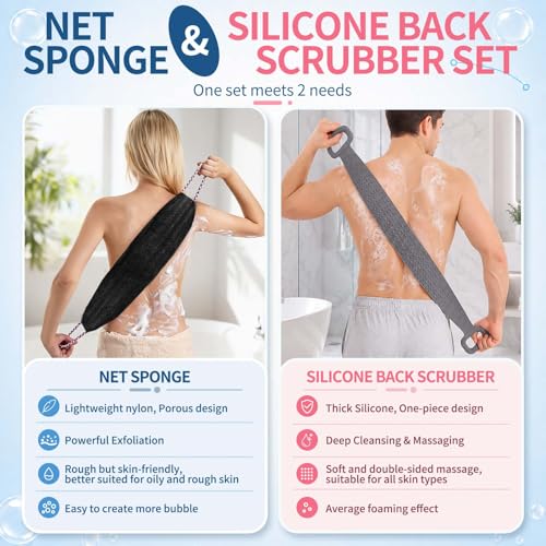 Manmihealth Silicone Back Scrubber for Shower & African Net Sponge Net Set, 36'' Dual-Sided Back Washer & African Long Bath Sponge, Extendable Long Silicone Body Brush(Gray+Black) - color: Gray+black