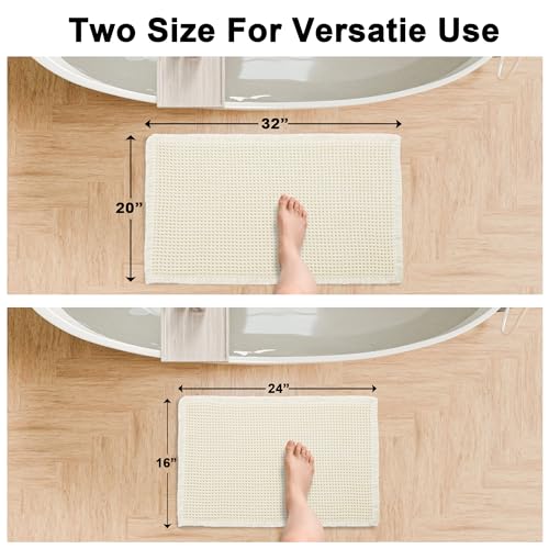 Hiasan Set of 2 Waffle Bath Mat, Super Absorbent Non Slip Bathroom Boho Rug with Tassels, Machine Washable Bath Mats for Bathroom, Ultra Soft Rubber Backed Rug, Cream, 16" x 24" + 20" x 32" - color: Cream, size: 16" x 24" + 20" x 32"