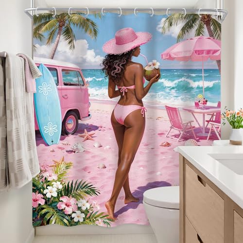 Newsely Pink Coastal Shower Curtain 60Wx72L Inch Summer Beach Coconut Trendy Girly Aesthetic Pretty Starfish Floral Botany Seashell Bathroom Set Waterproof Bath Decoration Accessories Home Decor - color: E-01pink, size: 60"W x 72"L (Pack of 1)