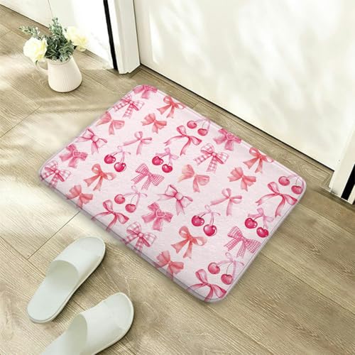 Red Cherry Pink Bow Cute Fruit Watercolor Bath Rug, Non-Slip Microfiber Soft Plush Modern Bathroom Mat Carpets Floor Mat for Bedroom Kitchen Bathroom Toilet 17x29 Inch - color: Pink