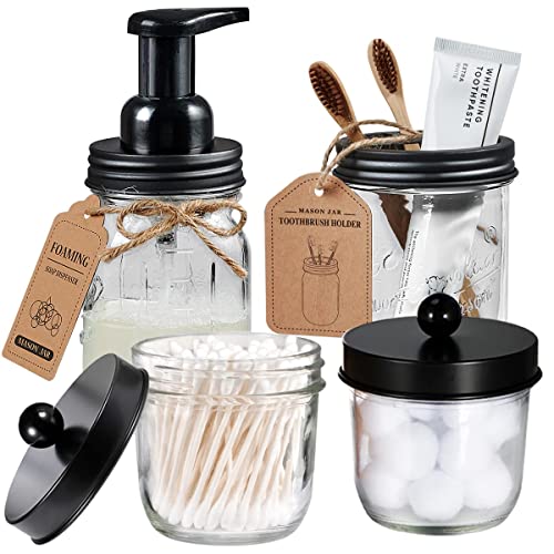 Amolliar Mason Jar Bathroom Accessories Set(4 Pack) - Foaming Soap Dispenser&Qtip Holder Set&Toothbrush Holder-Rustic Farmhouse Decor Bathroom Organizer Apothecary Jar Country Countertop (Black) - size: Black, style: Wide-mouth