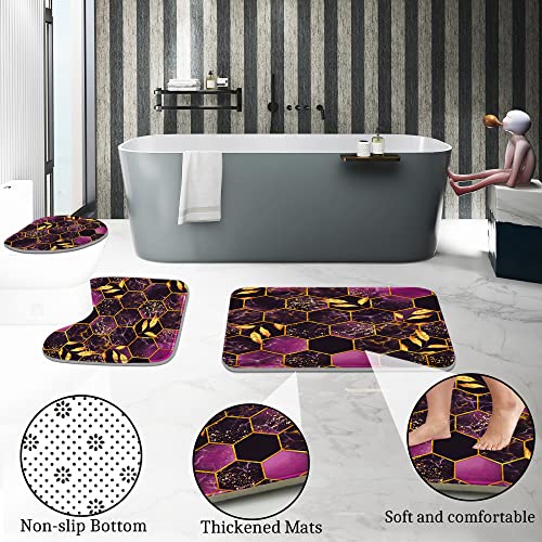 Poedist 4 Pcs Bathroom Shower Curtain Set,Purple Honeycomb Marble Bathroom Sets with Rugs(Bath Mat,U Shape and Toilet Lid Cover Mat) and 12 Durable Hooks - color: Purple