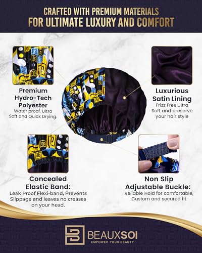 Luxury Reusable Waterproof Shower Cap for Women - Satin Lined, Adjustable - Keeps Hair Dry, Durable Hair Bonnet by BEAUXSOI (African Majesty) - color: African Majesty