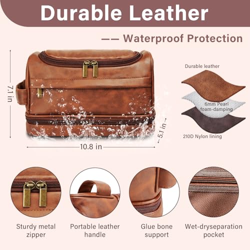 Personalized Toiletry Bag for Men, Groomsmen Gifts for Wedding, Custom Toiletry Bag Gifts for Men, Birthday, Anniversary, Dad, Husband, Boyfriend, Graduation, Leather Engraved Travel Shaving Bag - color: Dark Brown
