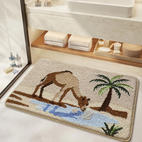 Bathroom Rug Mat, Desert Oasis Sunset Fluffy Rug with Camel & Palm Tree, Ultra Absorbent Microfiber Shaggy Door Mat, Quick Dry Bath Rug Carpet for Toilet Bathtub Bedroom 20x31 Inch - color: Beige
