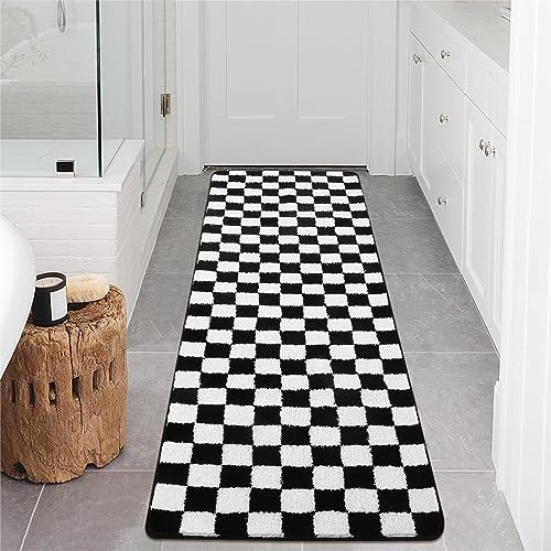 Uphome Bathroom Rug Runner, Black and White Checkered Large Machine Washable Bath Mat Non Slip, 24x71 Water Absorbent Soft Microfiber Bath Rug for Tub, Shower, Floor - size: 24x71 inch