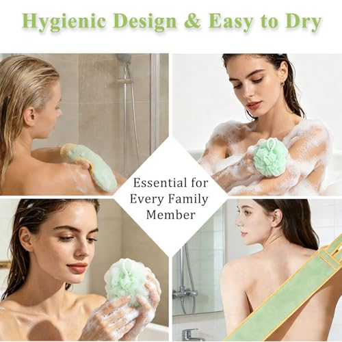 Exfoliating Glove and Back Scrubber for Shower - 3-Piece Exfoliating Mitt Set with Bath Sponge - Deep Skin Cleansing Body Scrubber for Dead Skin Removal, Self-Tan (Green) - color: Green