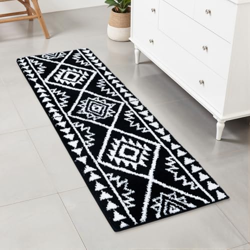 Uphome Black Long Bathroom Rug Boho Tribal Bathroom Runner Western Non-Slip Washable Bath Mat Fluffy Soft Absorbent Farmhouse Aztec Floor Carpet for Kitchen Hallway Bedroom, 20x60 inch - size: 20x60 inch