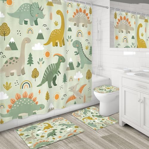 4PCS Kids Dinosaur 71Wx71H Inches Green Plant Leaves Botanical for Boys Shower Curtain Sets with Rugs, Toilet Lid Cover and Bath Mat, Cute Bath Accessories Art Home Decor Fabric 12 Pack Hooks - color: C2-green