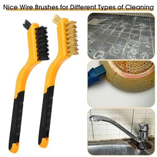 6 Pieces Wire Brushes Set, Small Metal Brass Brush, Stainless Steel Brush, Nylon Brushes for Cleaning Metal Rust and Paint Removal (Yellow+3 Mixed Color, L) - color: Yellow+3 Mixed Color