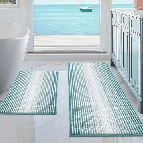 BSICPRO Bathroom Rugs and Mats Sets, 2 Piece Thick Absorbent Chenille Non Slip, Soft Shaggy Floor Mats, Machine Washable (Aqua Green, 20" x 47" Plus 16" x 24") - color: Aqua Green, size: 20" x 47" Plus 16" x 24"