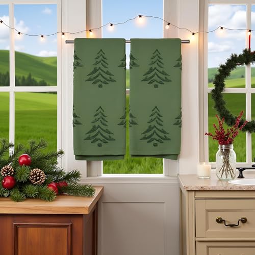 2 Pack Christmas tree Hand Towels 100% Cotton Jacquard holiday Kitchen dish Towels Retro Neutral Olive Green Bathroom Towels Set gift Seasonal Xmas Winter Bathroom Decor (Olive Green Christmas tree) - color: Olive Green Christmas Tree