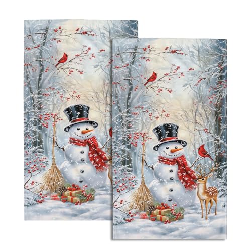 Christmas Snowman Hand Towels for Bathroom 14.4x28.3 Inch Set of 2 | Snowflake，Elk，Polyester Cotton，Breathable，for Winter Holiday Kitchen Hotel Gym Spa Decor - color: Xmas Snowman