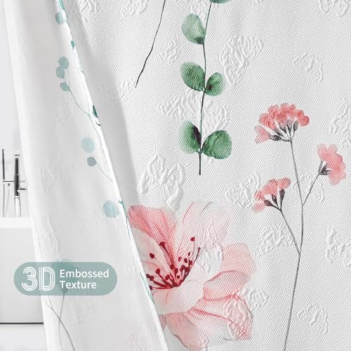 QiyI Watercolor Floral Shower Curtain, 3D Embossed Butterflies Sage Green Botanical Bathroom Curtain, Pink Flowers Cloth Bath Curtain, Waterproof Fabric Textured Shower Curtain Set with Hooks, 72x72 - color: Green, size: 72"W x 72"L (Pack of 1)