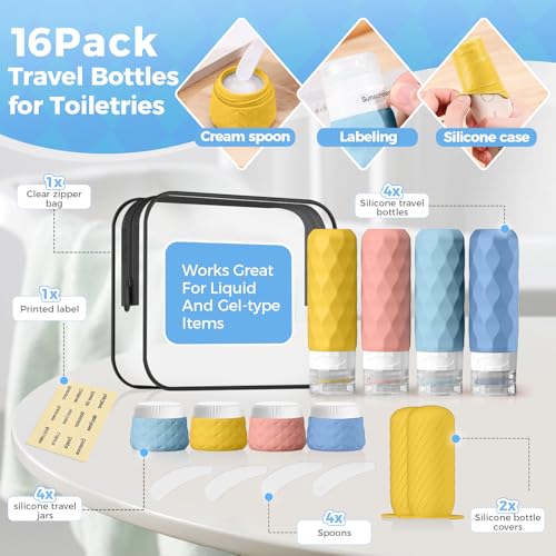 16Pack Travel Bottles for Toiletries, TSA Approved Travel Size Toiletries Containers Set, Silicone Leak Proof Refillable Bottles Elastic Sleeves Creams Jars Accessories Kit W/Clear Bag (Bright) - color: Bright