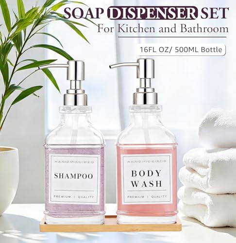 Glass Soap Dispenser with Pump,Tray,Funnel, Countertop Soap and Lotion Dispenser Set of 2 with 60 Stickers, Dish and Hand Soap Dispenser Bottle for Kitchen,Bathroom,Shower, 500ml/16.9oz - color: Blk-5070-2s