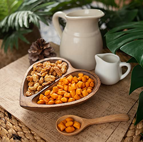 WitnyStore Heart Shaped Wood Bowl 6" Brown 2 Partitioned Handcraft Wooden Bowls Collectible Functional Serving Tray Dish Plate Hand Made Decorative Tableware Candy Nuts Desserts Fruit Home Décor Gifts
