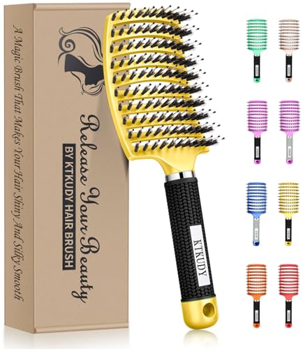 KTKUDY Detangling Brush Boar Bristles Hairbrush Make Hair Shiny & Healthier Curved and Vented Detangler Brush for Women Men Kids Wet and Dry Hair (Yellow) - color: Yellow