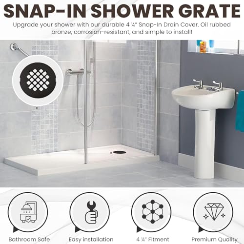 4 ¼” Oil Rubbed Bronze Snap-in Shower Drain Cover - Solid Brass Construction - 4.25" OD Shower Drain Strainer - Easy Install - Premium Round Shower Drain Cover - Bronze Replacement Grate - color: Oil-rubbed Bronze
