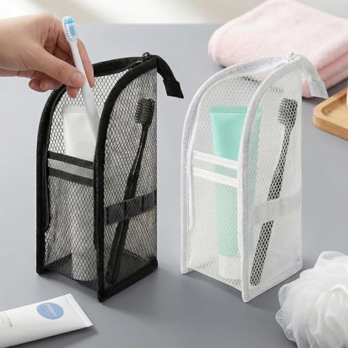 Standing Toiletry Bag, Portable Lightweight Travel Toiletry Bag, Mesh Large Capacity Cosmetic Waterproof Bag,Foldable Clear Hanging Travel Toiletry Bag Cosmetic Organiser Storage(Black) - color: Black