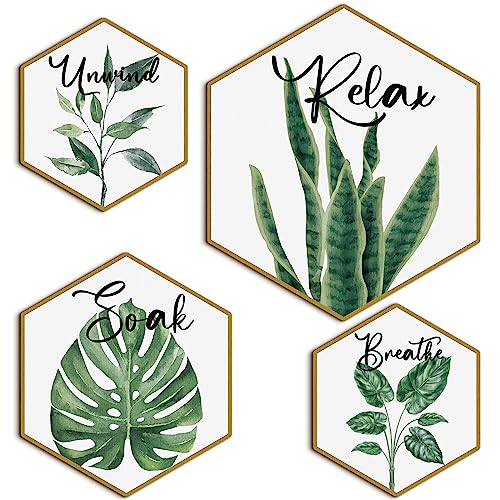 Hoteam Set of 4 Green Eucalyptus Bathroom Decor Botanical Wall Art Green and Gold Bathroom Decor Wall Art Relax Soak Unwind Breathe Paintings