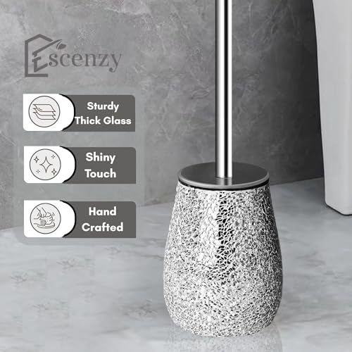 Decorative Toilet Brush and Holder Set | Handcrafted Silver Mosaic Glass Holder | Rust-Proof 304 Stainless Steel Toilet Bowl Brush | Luxury Silver Bathroom Decor - color: Silver