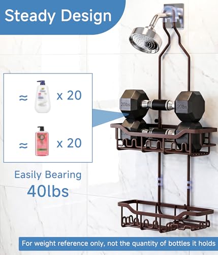 Upgraded Extended Length Shower Organizer with Hooks, Rustproof Shampoo Soap Holder, Large Hanging Bathroom Caddy, Brown - color: Brown