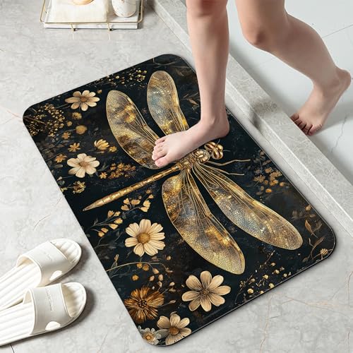 Vintage Dragonfly Bathroom Rug 29.5"x17",Flowers Quick-Drying Super Absorbent Diatomite Bath Mat with Non-Slip Backing, Thin Washable Bathroom Floor Mat Fits Under Door for Shower, Sink, or Tub - color: Vintage Dragonfly Flowers