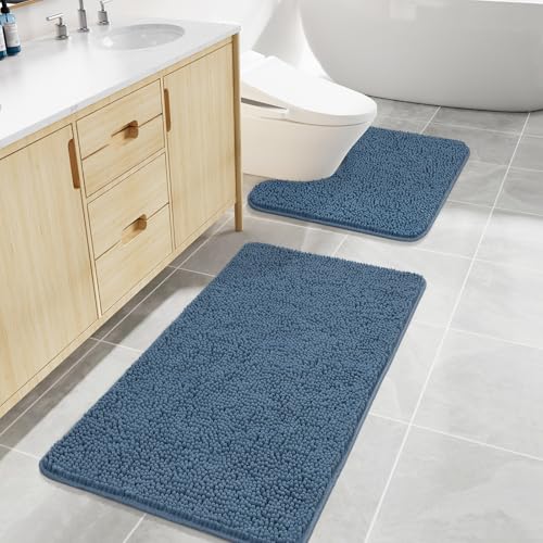 LOCHAS Bathroom Rugs Sets 2 Piece, Soft Non Slip Bath Mat Set, 20''x20'' U-Shaped Toilet Rug and 34''x21'' Denim Blue Bath Rugs, Washable Absorbent Chenille Toilet Rug Set for Bathroom, Shower, Sink - color: Denim Blue