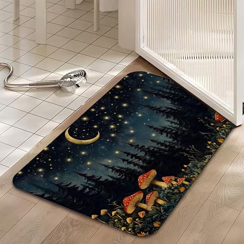 Diatomaceous Bathroom Rugs,Forest Red Mushroom Bathroom Decor,Starry Moon Night Non Slip Bath Mat,Quick Dry Easy to Clean Care Shower Rug for Home Dorm Low Profile Floor Mat 17 X 29.5 Inch - color: Forest Red Mushroom