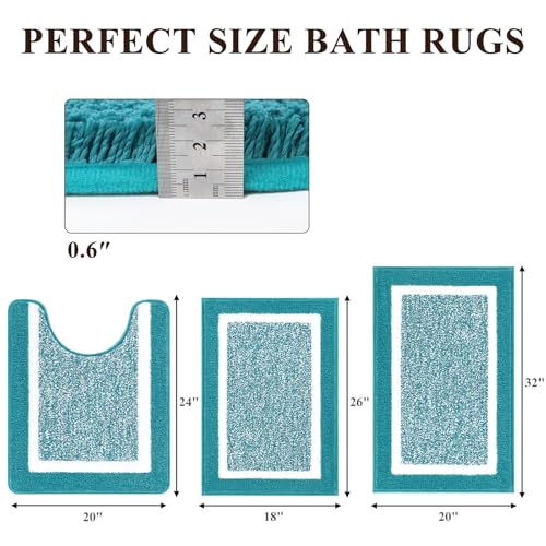 Pauwer Bathroom Sets 3 Pc Shower Rugs w/ U-Shaped Mat, Absorbent Microfiber Plush Mats, Non Slip, Machine Wash, Shaggy Aqua Blue - color: Aqua Blue, size: 18"x26"+20"x32"+U Shape 20"x24"