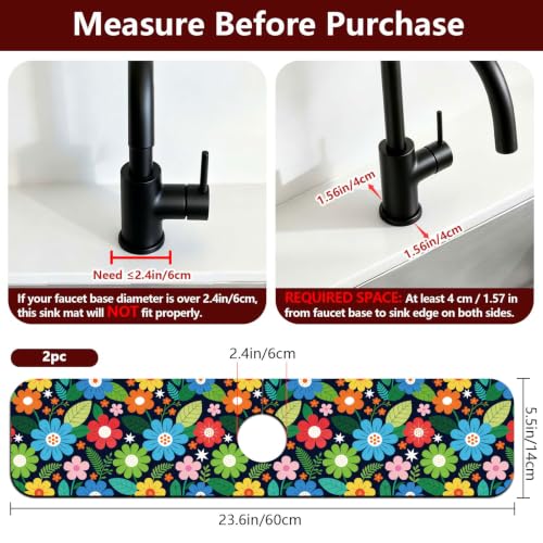 2 Pcs Kitchen Sink Splash Guard Faucet Mat Blue Green Floral Pattern Faucet Mat for Sinks Flower Absorbing Drying Mats for Kitchen Bathroom - color: Blue Green Floral