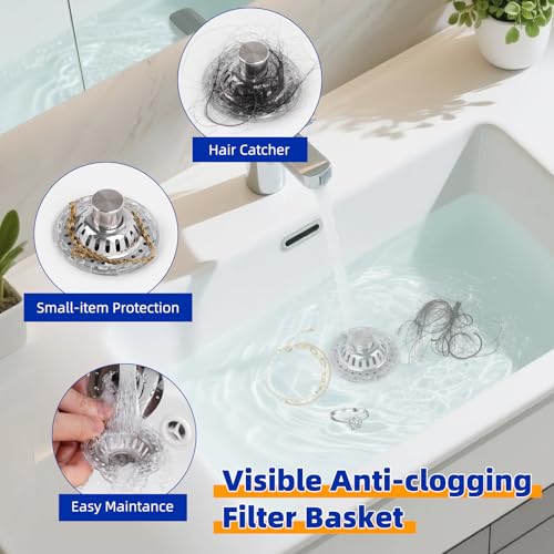 Universal Bathtub Drain Stopper, Brass Metal Shower Hair Catcher, Chrome | 3 in 1 Bathroom Sink Strainer with Visible Top Filter, Tub Stopper for Standard 1.1''~2.36'' Sink Hole, Transparent Edge - color: Chrome Finish with Transparent Edge