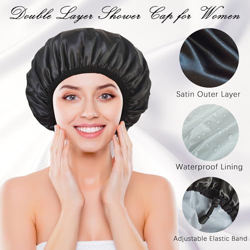 Shower Cap for Women, Large Shower Caps Reusable Waterproof with Elastic Band, Silky Satin Double-layer Bath Cap for Braids Long Hair - color: Set G
