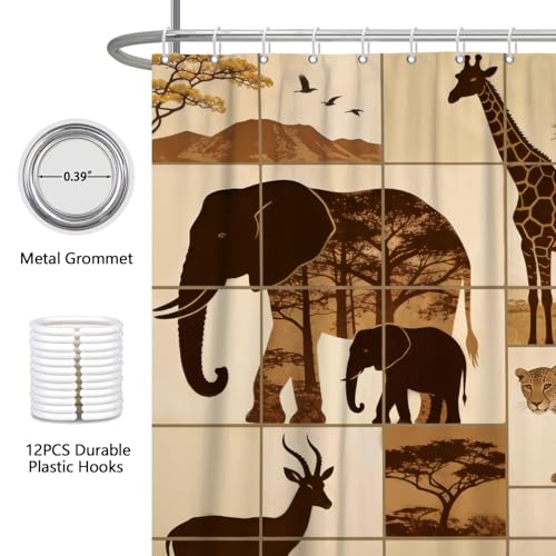 Fabric Shower Curtain with Hooks, Waterproof & Washable & Polyester, Brown Nature African Jungle Animal Shower Curtains for Bathroom, Elephant Giraffe Leopard Bathroom Curtain, House Gift, 71x74 Inch - color: African Safari Animal