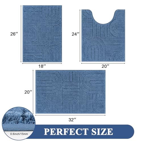 Vaukki Bathroom Rugs Sets 3 Piece, Blue Washable Non Slip Soft Bath Mats for Shower and Tub, Plush Absorbent Microfiber Toilet Rug U Shaped, 32x20+26x18+24x20 Inch - color: Blue, size: 18''x26''+20''x32''+20''x24''