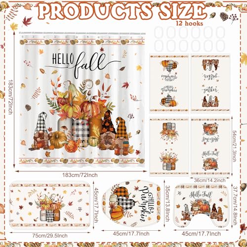 FuWeave 8 Pcs Fall Shower Curtain Set for Bathroom Include Harvest Autumn Hello Fall Gnome Shower Curtain Towels Non Slip Rugs Toilet Lid Cover Pumpkin Bath Mat and 12 Hooks for Bathroom Decor - color: Gnome