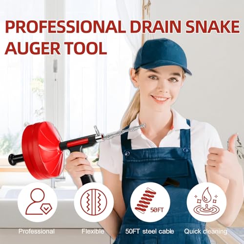 Drain Snake Auger, 50 Feet Flexible Plumbing Snake with 1/4" Drill Adapter, Manual or Drill Powered Drain Cleaner for Kitchen Sink, Bathroom & Shower Drains, Includes Gloves Storage Bag, Red - color: Red-50FT