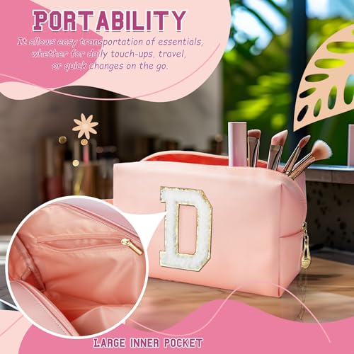 Personalized Initial Makeup Bag with Handle, Preppy Cosmetic Bag with Inner Zipper Pocket, 8 9 10 11 12 13 14 Years Old Girl, Graduation Gifts for Teen Girls Women Teachers (D, Pink) - color: Pink, style: D
