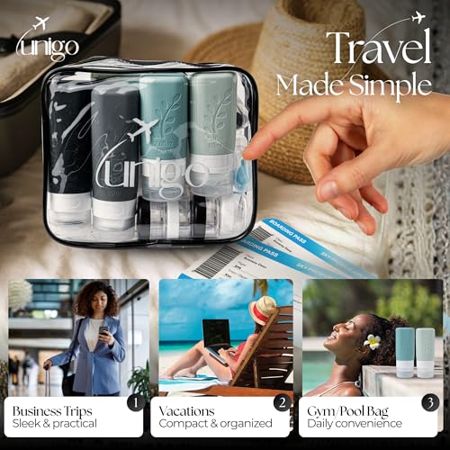 unigo 30 PACK Travel Bottles Set for Toiletries - Leakproof Refillable Travel Size Containers, TSA Approved Bottles with Labels, Brush & Covers for Carry-On Travel