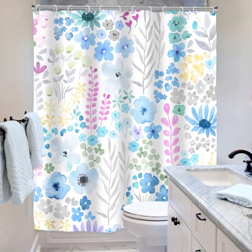 Riyidecor Blue Floral Shower Curtain for Bathroom Decor 60Wx72H Girls Kids Boho Cute Wildflower Watercolor Plant Leaves Botanical Art Printed Fabric Polyester Waterproof 12 Pack Plastic Hook - color: D-blue, size: 60"W x 72"L (Pack of 1)