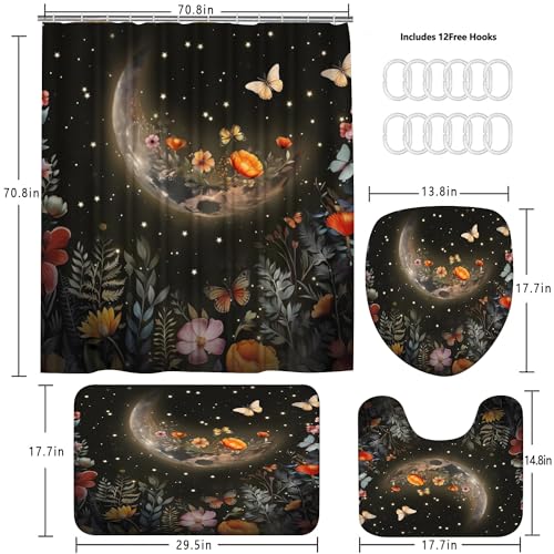 LQCOOL Shower Curtain Set 4 Pcs Black Moon Bathroom Sets with Shower Curtain and Rugs Bathroom Decor Set with 12 Hooks - color: Black Moon