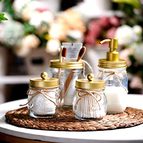 Amolliar Mason Jar Bathroom Accessories Set(4 Pcs) -Lotion Soap Dispenser & 2 Cotton Swab Holder & Toothbrush Holder-Rustic Farmhouse Decor, Countertop Vanity Organize, Bathroom Home Decor (Gold) - size: Gold, style: Standard-mouth