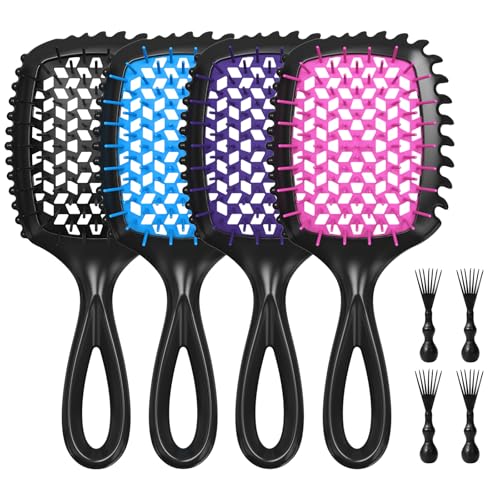 Detangler Brush – 4 Pack Vented Hair Brush for Wet/Dry Hair – Easy, Pain-Free Detangler Brush Reduces Knots & Breakage – For Curly Straight Thick or Fine Hair (Pink+Purple+Black+Blue) - color: Pink+Purple+Black+Blue