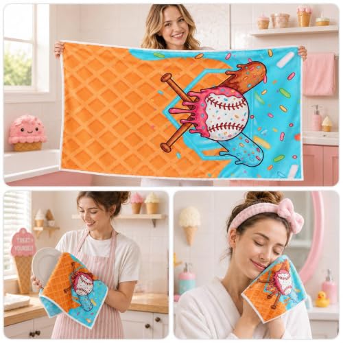 Moukeren Set of 3 Ice Cream Drip Baseball Bath Towels Baseball Bath Towel Hand Towel and Washcloth Soft Absorbent Ice Cream Drip Party Supplies for Summer Beach Swimming Party Favors Birthday Gifts - style: Ice Cream Drip
