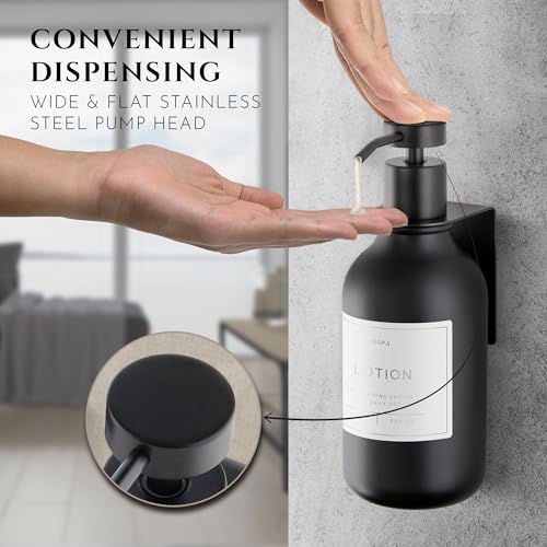 Shower Shampoo Dispenser Wall Mounted – Refillable 16.9 oz Black Bottle with Stainless Steel Pump & No-Drill Adhesive Holder – Soap Dispenser for Bathroom (1 X Black) - color: 1 X Black