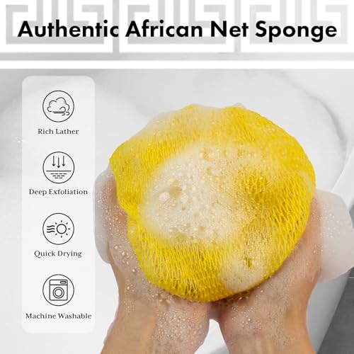 Bathway African Net Sponge Authentic with Handles (Set of 2), African Exfoliating Net Sponge, Exfoliating Body Scrubber Bath Sponge - Bathing Accessories with Storage Bag (Rose & Bright Yellow) - color: Rose & Bright Yellow